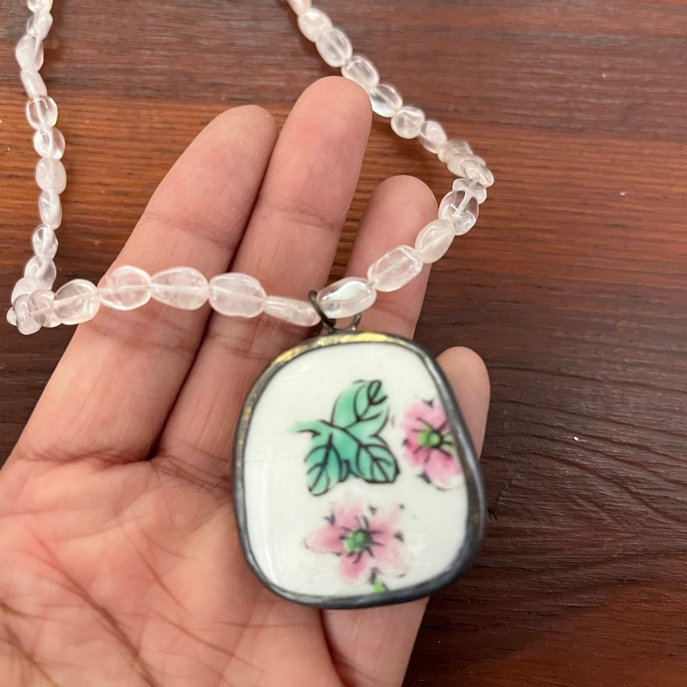 Clear pink beaded China porcelain pendant necklace